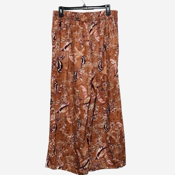 Tahari 100% Linen Brown Wide Leg Capri Pants Birds & Floral Print Womens Medium - Picture 3 of 10